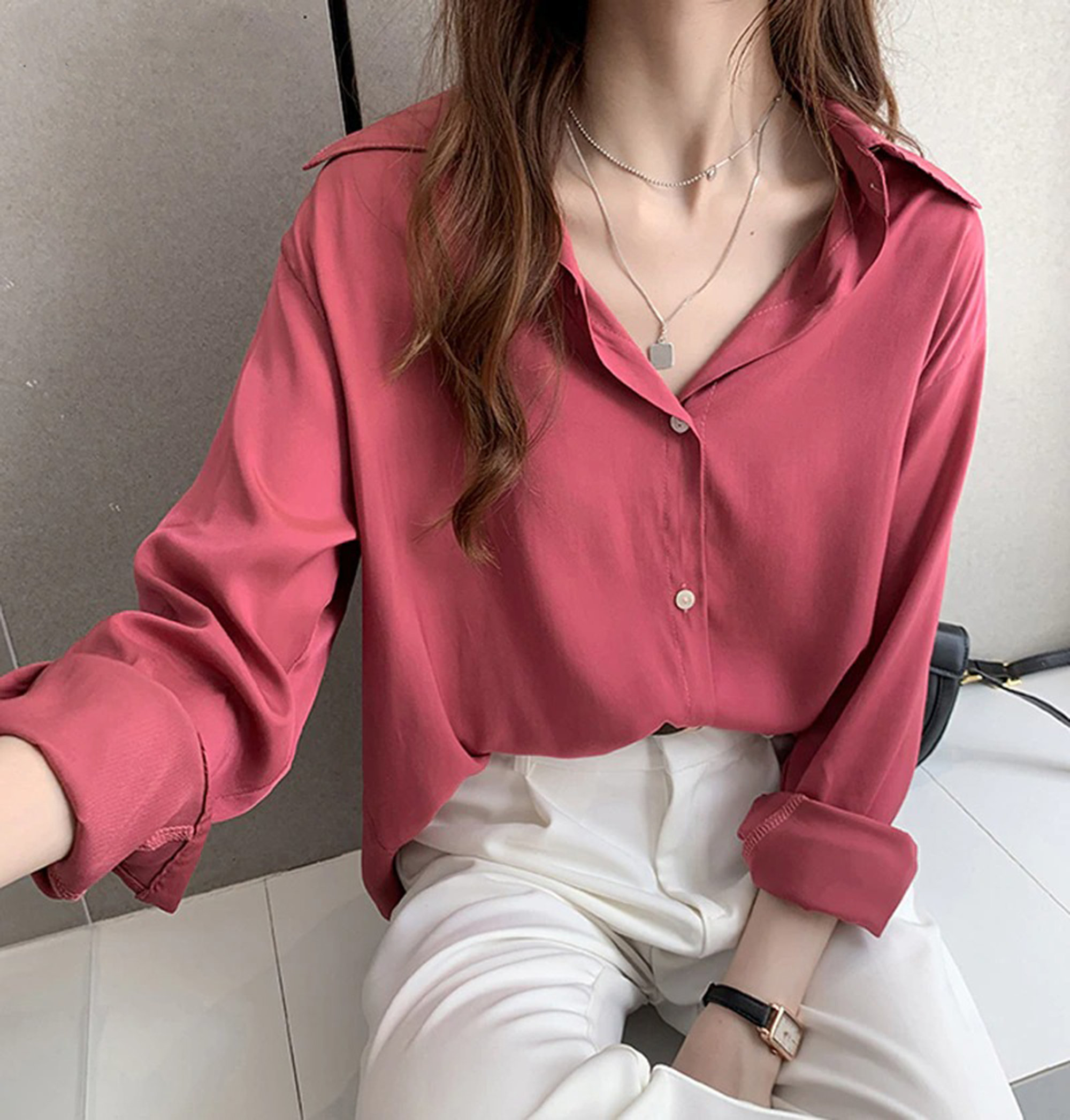 Y2K Spring Coloured Long Sleeve Office Blouse for Women