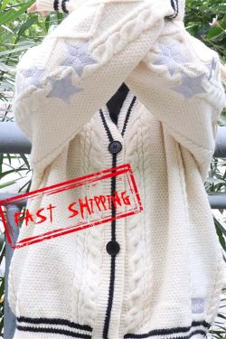 Y2K Star Embroidered Knit Folklore Cardigan with Patches