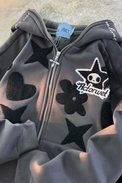 Y2K Star Heart Flower Embroidered Full Zip Up Hoodie