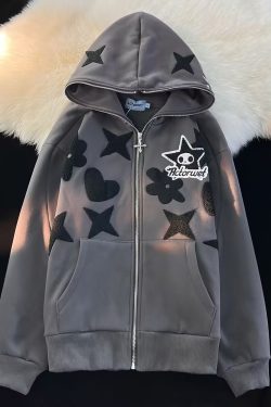 Y2K Star Heart Flower Embroidered Full Zip Up Hoodie