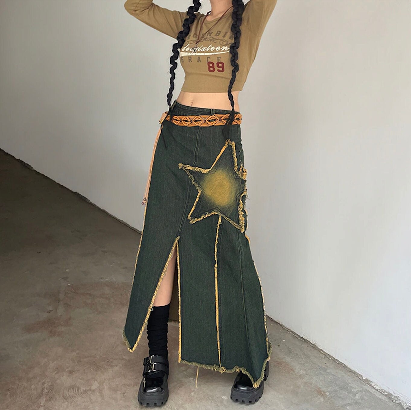 Y2K Star Patch Denim Split Skirt - Trendy Fashion for Y2K Clothing