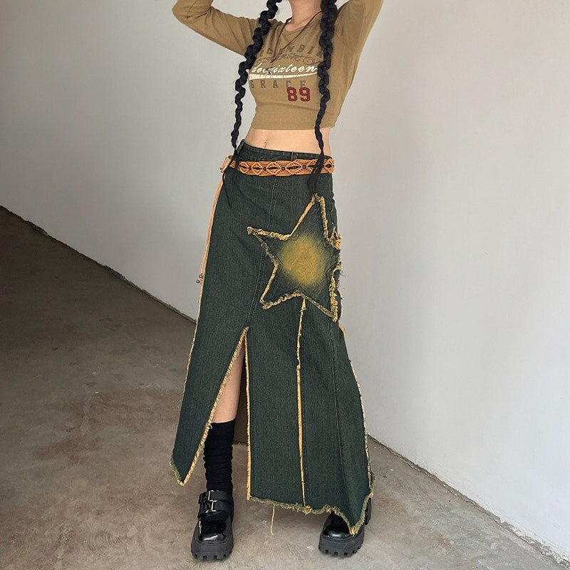 Y2K Star Patch Long Denim Skirt - Korean Vintage Streetwear