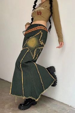 Y2K Star Print High Waist Midi Denim Skirt Streetwear