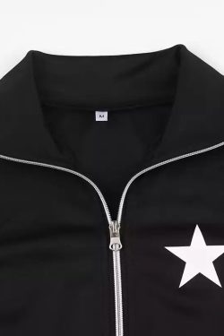 Y2K Star Print Slim Vintage Racing Zip-Up Hoodie Jacket