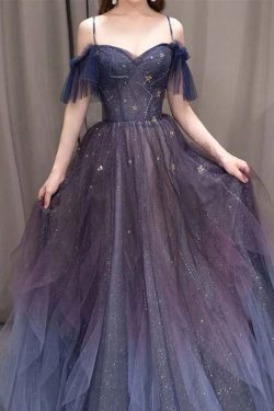 Y2K Starry Night Glitter Tulle Prom Dress in Royal Purple