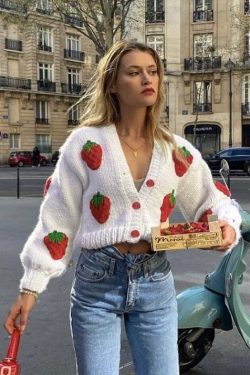 Y2K Strawberries Knitted Cardigan - Loose Warm Sweater Coat