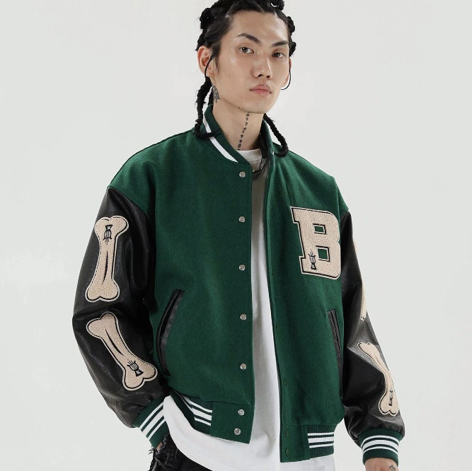 Y2K Streetwear Bomber Jacket with Furry Bone Patchwork