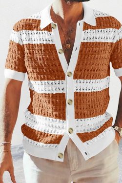 Y2K Striped Knit Cardigan - Men's Beach Vacation Shirt