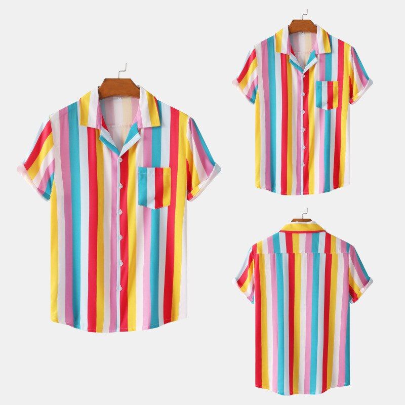 Y2K Striped Rainbow Casual Shirt - Men's Short Sleeve Print Blouse