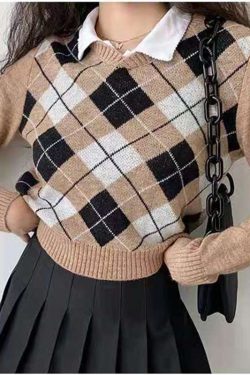 Y2K Sweater: Autumn Rhombus Check Knitted Top for All-match Outerwear