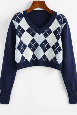 Y2K Sweater: Autumn Rhombus Check Knitted Top for All-match Outerwear