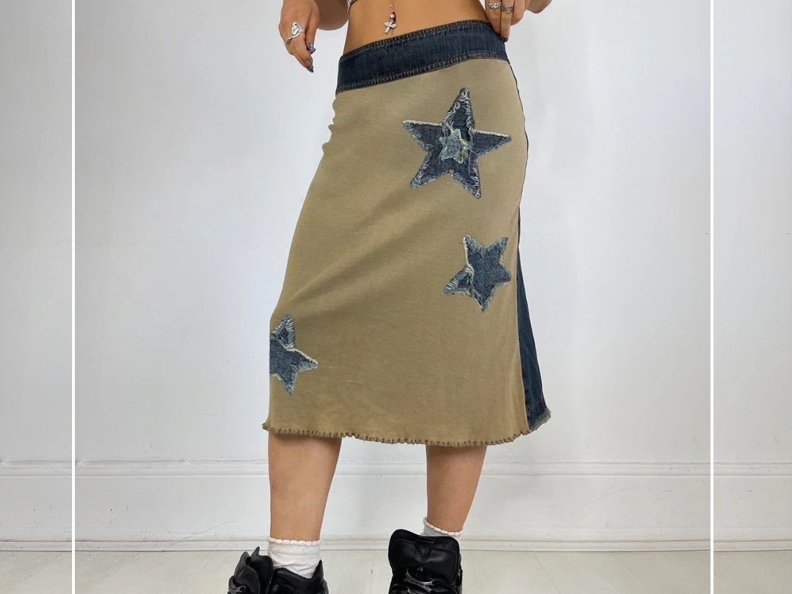 Y2K Two Tone Star Patchwork Denim Flared Skirt