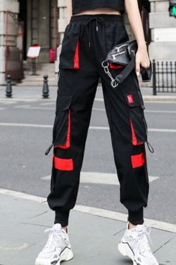 Y2K Unisex Cargo Pants with Buckle - Black Red Blue Green