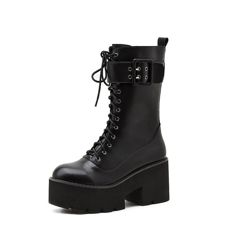 Y2K Unisex High Heel Combat Boots with Chains and Side Zipper