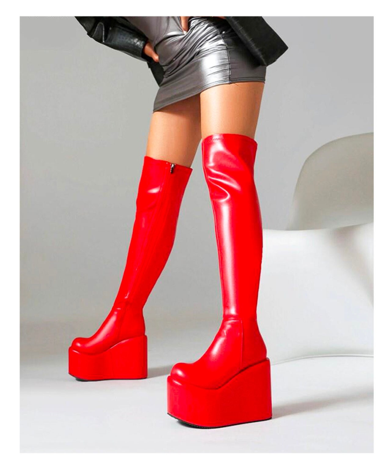 Y2K Unisex Over the Knee Boots - Black Red Pink