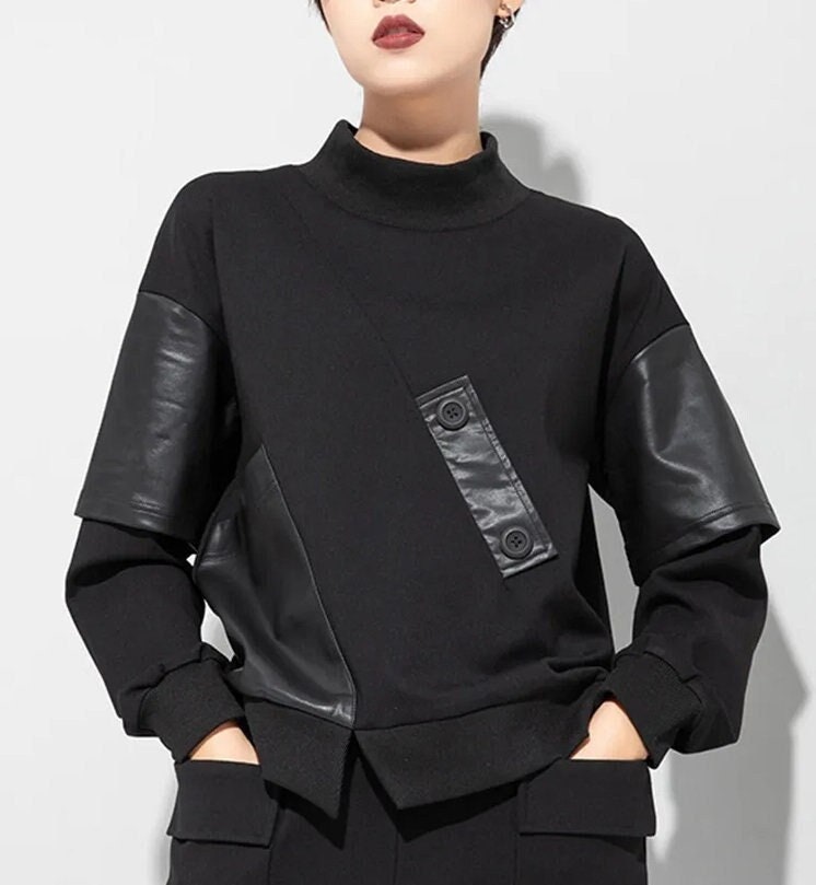 Y2K Vegan Leather OverSize Black Sweatshirt for Women