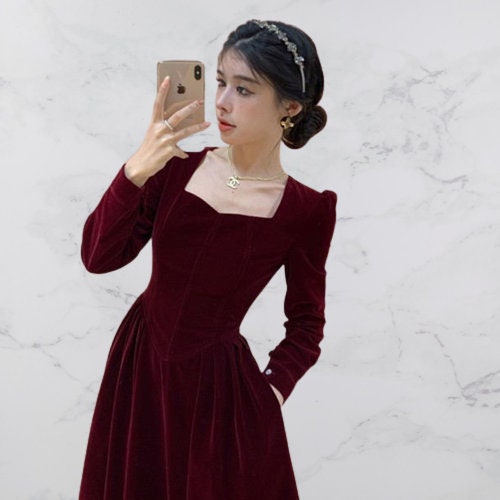 Y2K Velvet Pleated Midi Dress Plus Size Fall Winter Burgundy Dress