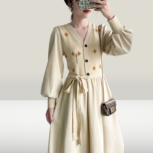 Y2K Vintage Cottagecore Knitted Midi Dress Winter Fashion