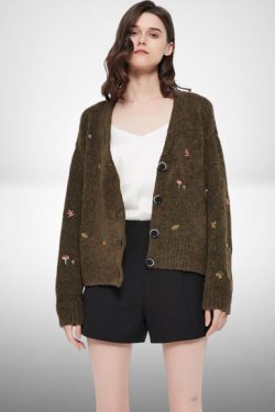 Y2K Vintage Embroidered Forest Mushroom Cardigan Sweater