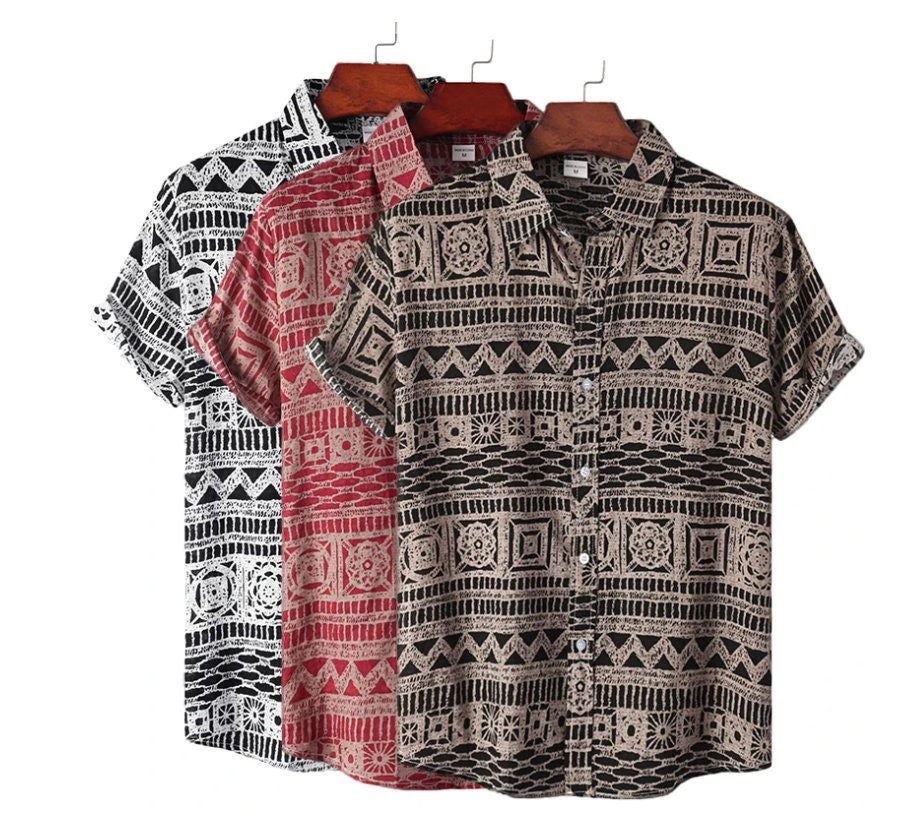 Y2K Vintage Geometric Hawaiian Beach Shirt for Men