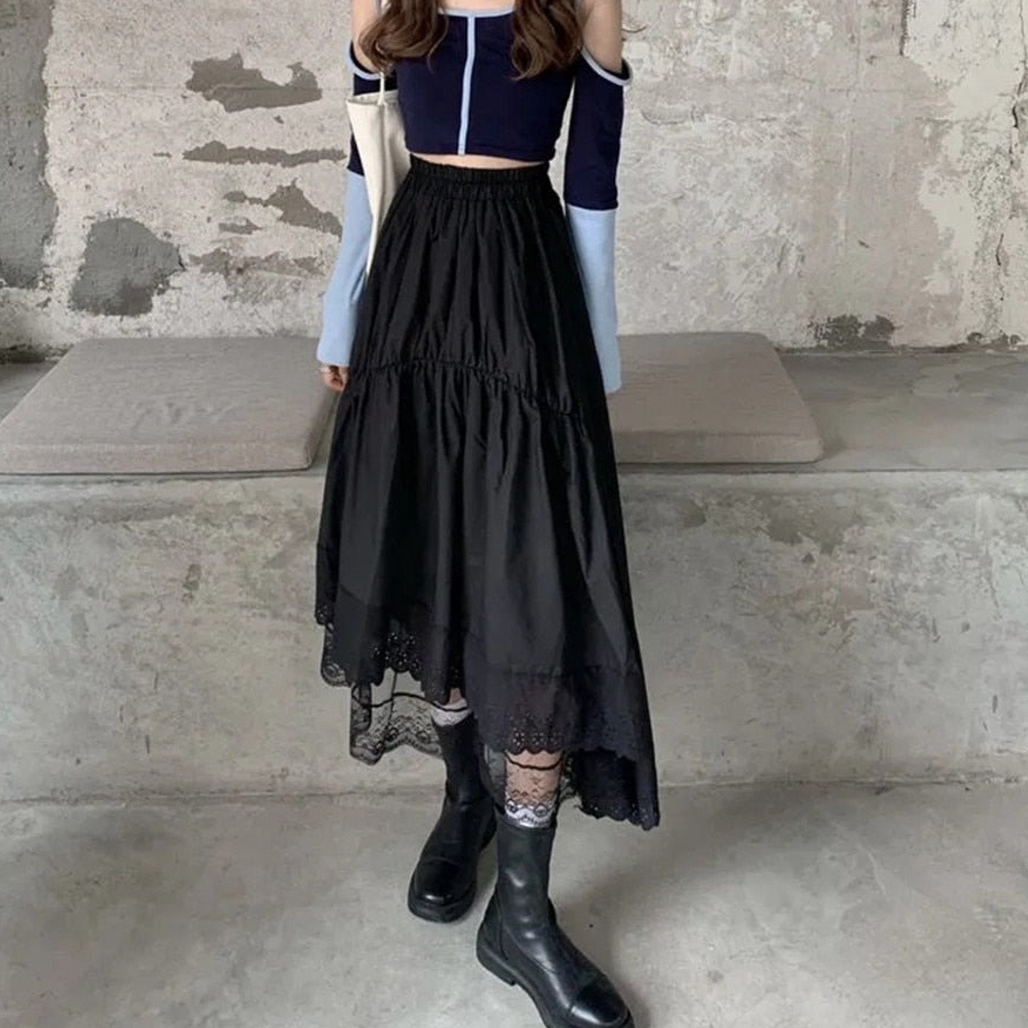 Y2K Vintage Gothic Lace Irregular Hem Mid-Calf Skirt