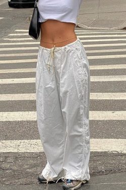 Y2K Vintage White Parachute Pants - Women's Low Waist Sweatpant