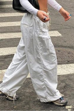 Y2K Vintage White Parachute Pants - Women's Low Waist Sweatpant