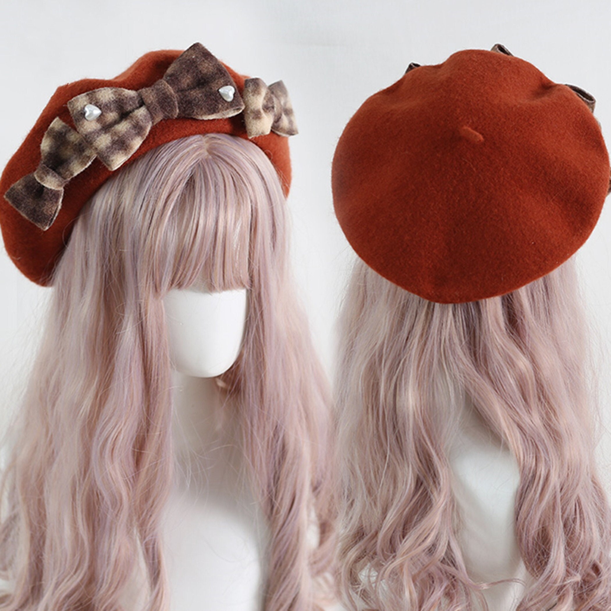 Y2K Vintage Winter Wool Beret Hat with Bows Design