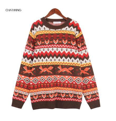 Y2K Vintage Woolen Jacquard Sweater - Loose Fit, Long Sleeve