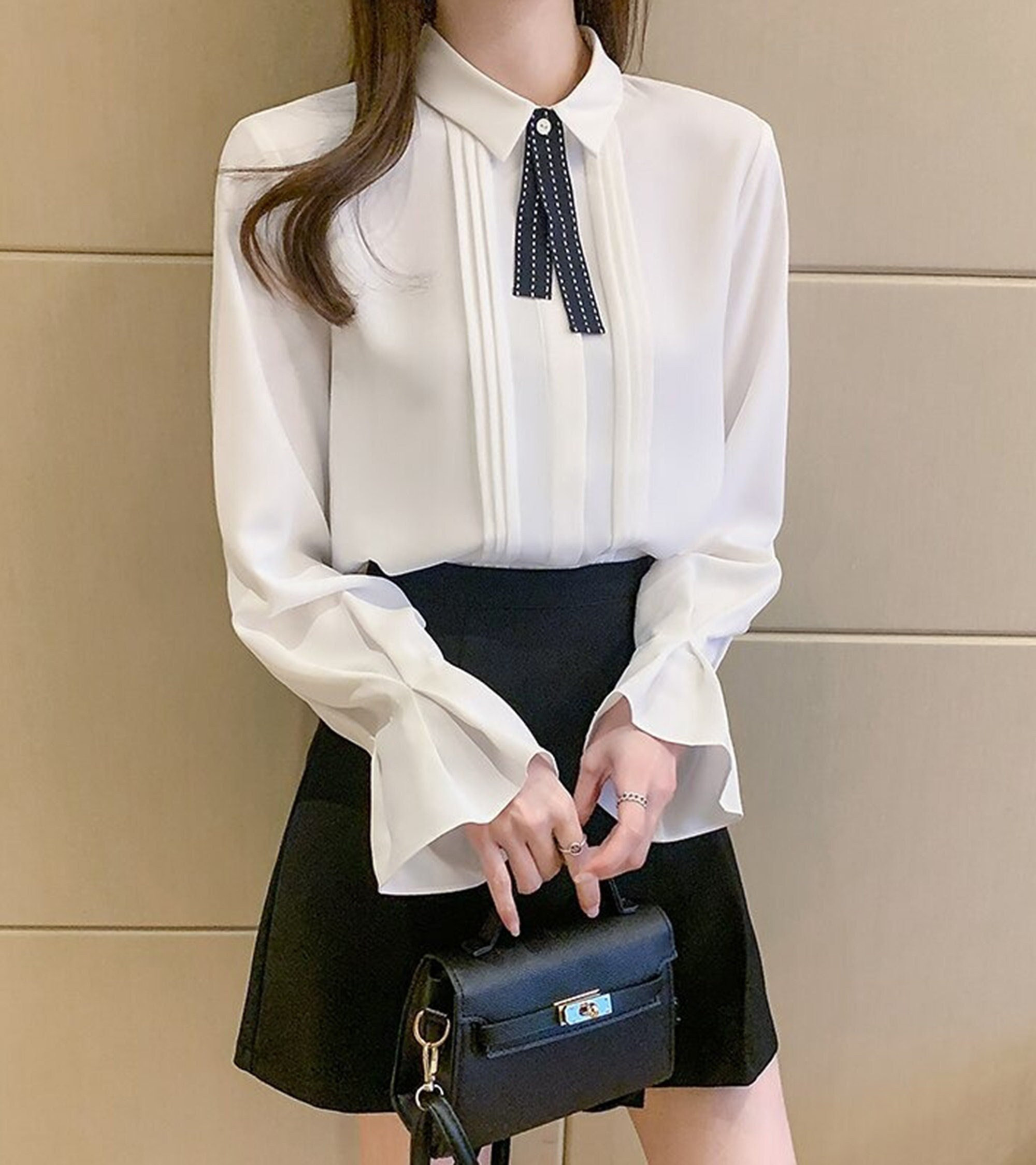 Y2K White Chiffon Bell Sleeves Blouse with Bow Tie