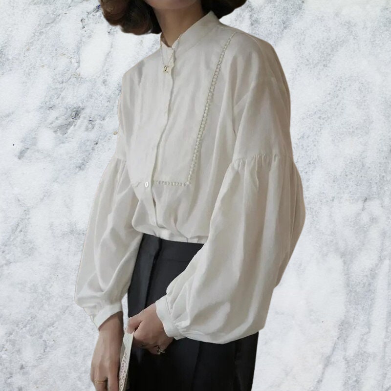 Y2K White Cotton Satin Lantern Sleeve Fashion Blouse