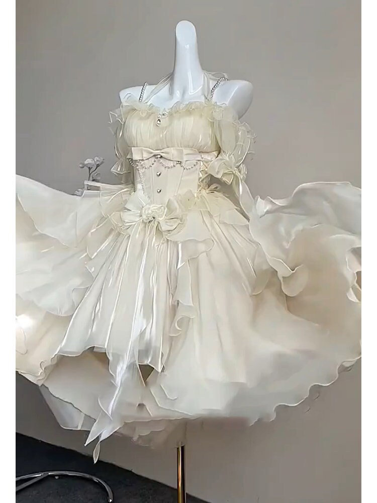 Y2K White Fairy Bow Princess Lolita Dress in Sweet Style