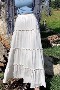 Y2K White Fairycore Grunge Pleated Midi Skirt Fashion