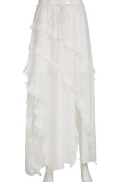Y2K White Lace Asymmetric Boho Hippie Midi Skirt