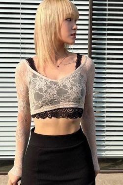 Y2K White Lace Crop Top - Hollow Out Summer Grunge Korean Tee