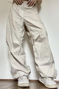 Y2K White Parachute Cargo Pants with Drawstring