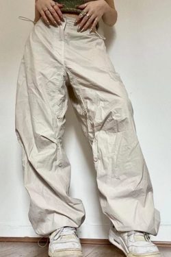 Y2K White Parachute Cargo Pants with Drawstring