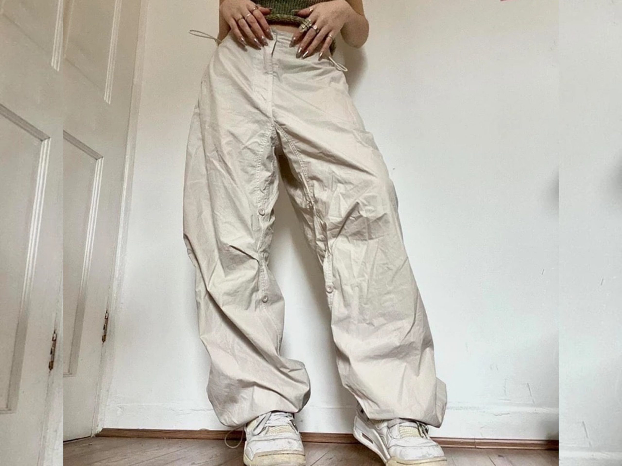 Y2K White Parachute Cargo Pants with Drawstring