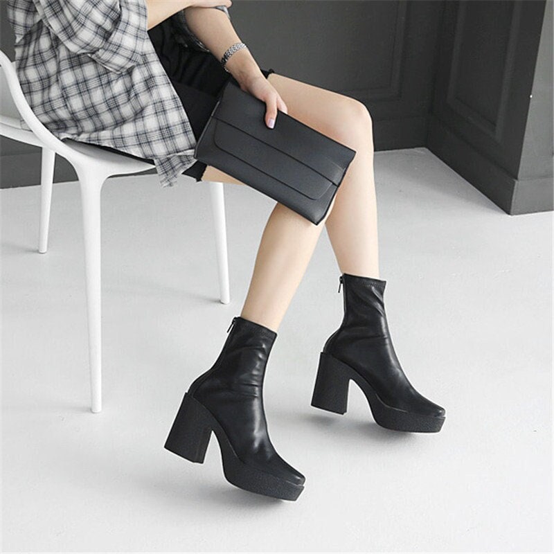 Y2K White Platform Heel Ankle Boots 70s Style