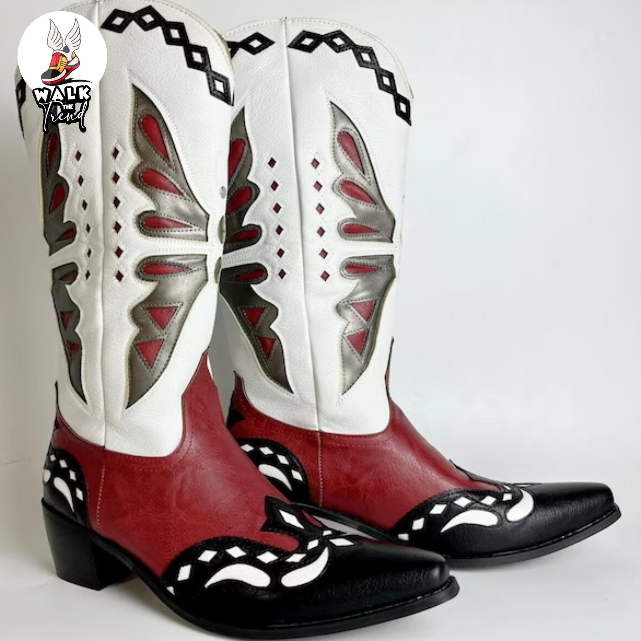 Y2K White Red Cowboy Boots Women Western Festival PU Leather
