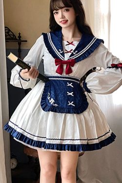Y2K White Ruffle Sailor Dress Lolita Maid Cute Girl Costume Dress