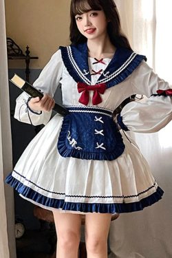 Y2K White Ruffle Sailor Lolita Maid Cute Girl Dress