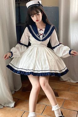 Y2K White Ruffle Sailor Lolita Maid Cute Girl Dress