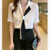 Y2K Women's Chiffon Tie-Neck Office Blouse Short-Sleeve Top