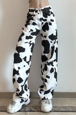 Y2K Women's Cow Print High Waist Streetwear Denim Pants