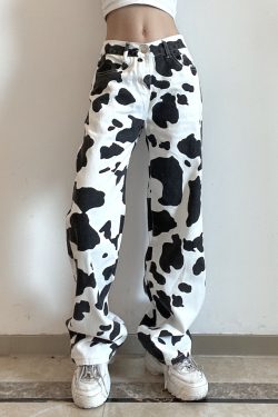 Y2K Women's Cow Print High Waist Streetwear Denim Pants