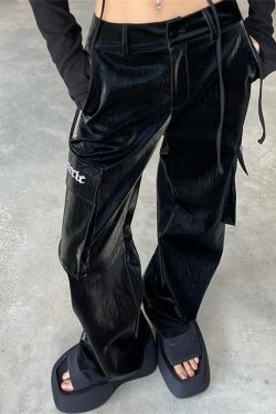 Y2K Women's Faux Leather Baggy Cargo Streetwear Pants