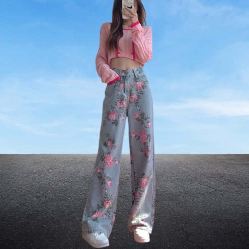 Y2K Women's Floral Flare Jeans - Retro Fashion Trend
