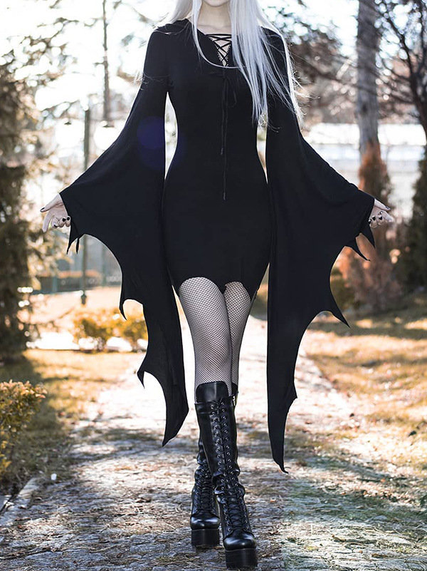 Y2K Women's Gothic Elf Pixie Cosplay Dress with Bat Sleeves