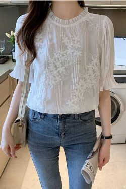 Y2K Women's Lace Blouse Shirt - White Office Top